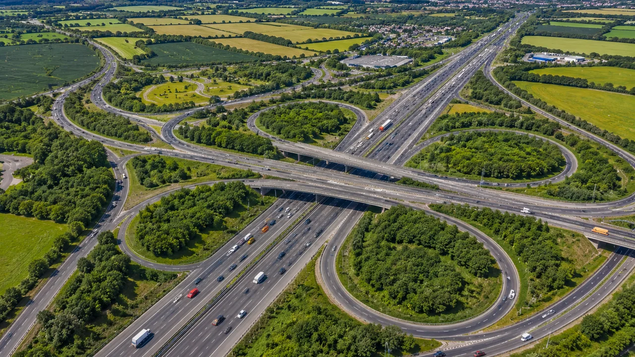 Aerial view of a major motorway interchange