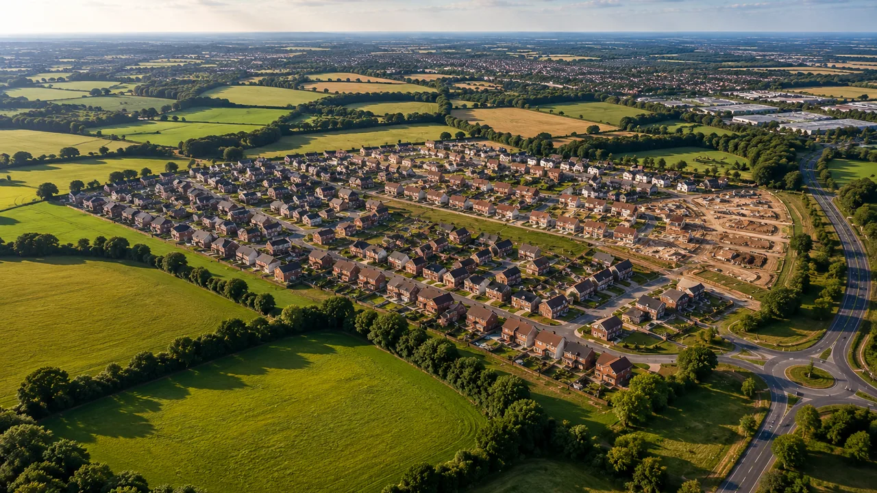Aerial view of English countryside and established communities